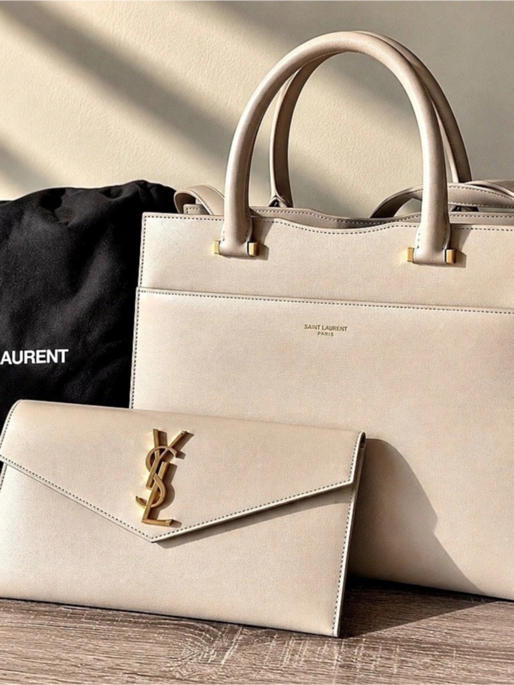 Saint Laurent Cream/Beige Leather Tote & Pouch (BRAND NEW w/ TAG)